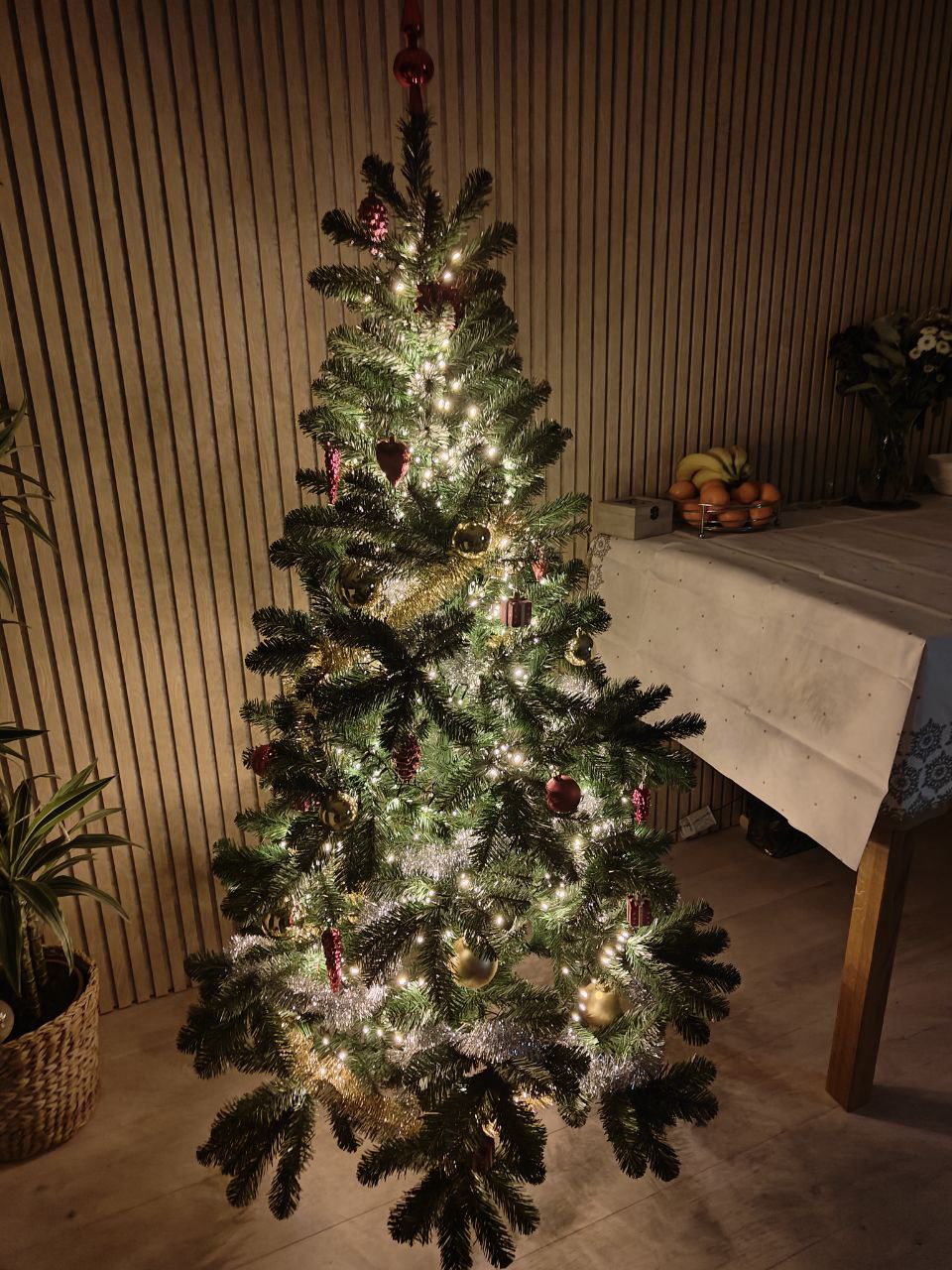 Decorated holiday tree.